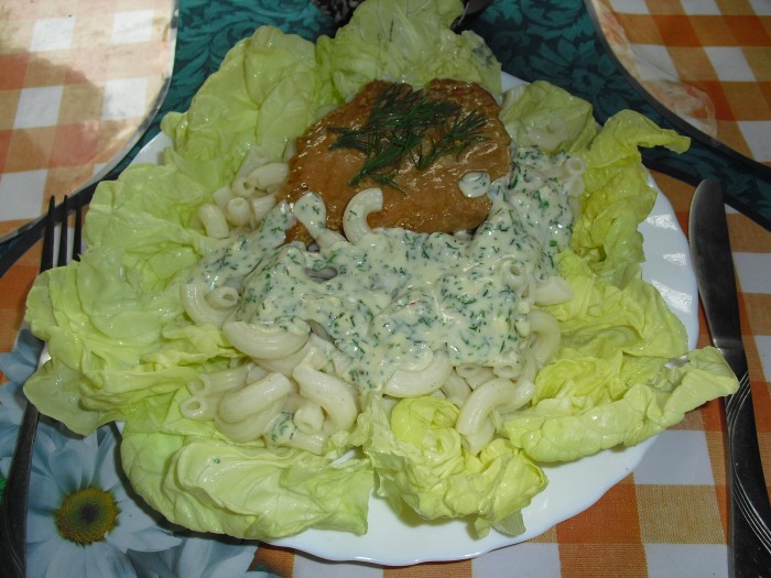 Těstoviny se sýrovou omáčkou
a ke kávě skořicová bábovka