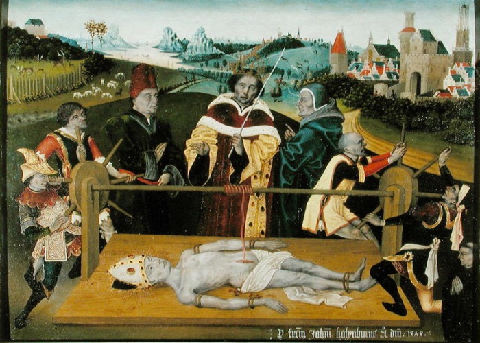 Biskup Erasmus bývá vzýván při 
krutých bolestech, které sám zažil