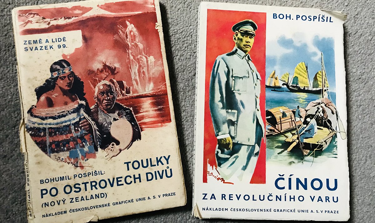 obálky Pospíšilových cestopisů s kresbami Zdeňka Buriana.jpg