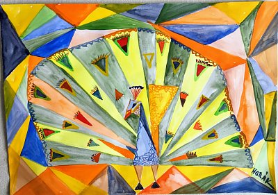 Páv - akvarel - lavírování