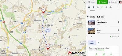 mapa pěší trasy Čakovice - Měšice